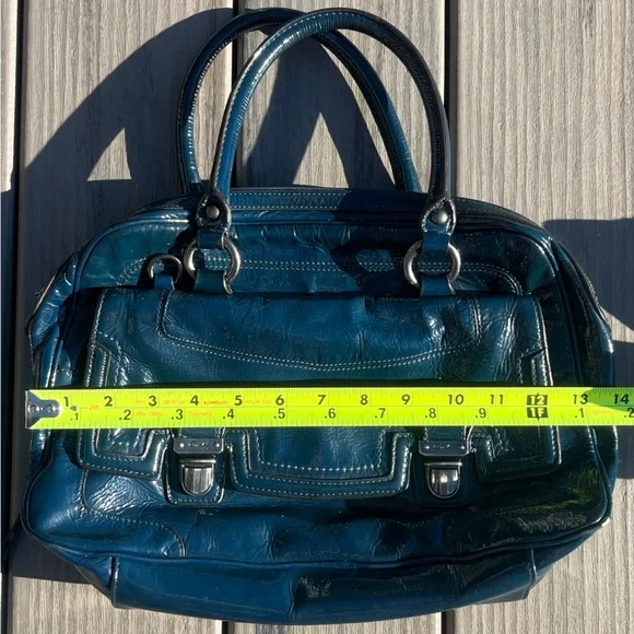 Coach; Navy Blue Patent Leather; Medium; Push Lock; Poppy Satchel; Minor Wear - Picture 3 of 16
